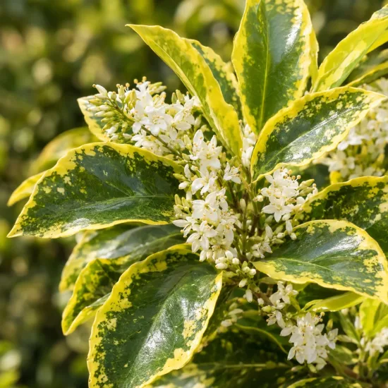 Troène luisant 'Excelsium superbum' (Ligustrum lucidum) — grappes de petites fleurs blanches parmi feuilles panachées