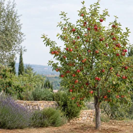 Pommier 'Akane' (Malus domestica) — arbre fruitier chargé de fruits rouges au jardin · Photo d'illustration