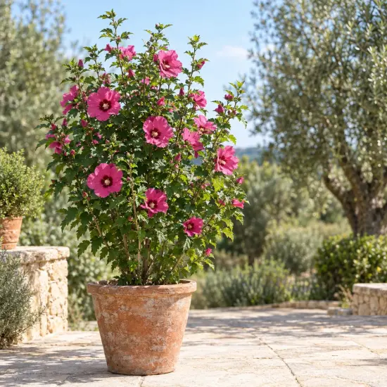 Althéa 'Pink giant rose' (Hibiscus syriacus) — buisson fleuri en pot sur terrasse en pierre