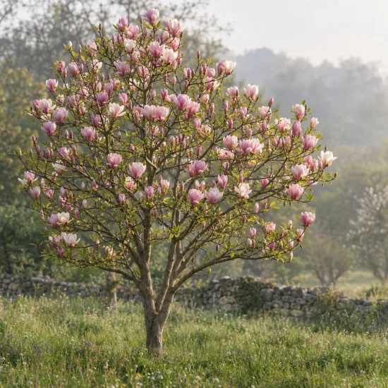 Magnolia de soulange 'Alexandrina' (Magnolia soulangeana) — arbre isolé couvert de grandes fleurs roses
