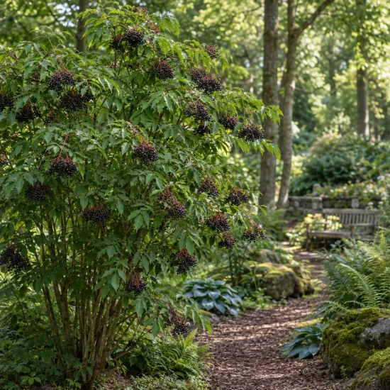 Sureau noir à gros fruits 'Sampo' (Sambucus nigra) — arbuste aux grappes de fruits sombres en jardin · Photo d'illustration