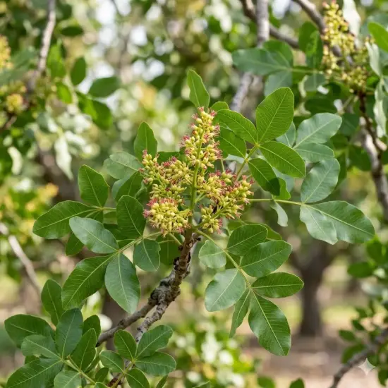 Pistachier à fruits 'Kerman femelle' (Pistacia vera) — jeunes grappes de fruits sur branche feuillue