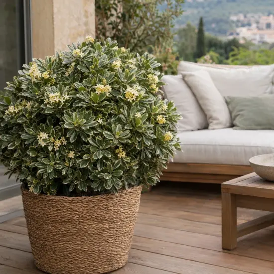 Pittosporum de chine 'Nanum variegatum' (Pittosporum tobira) — arbuste dense au feuillage panaché, terrasse aménagée