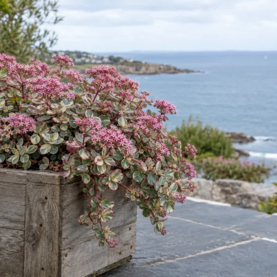 Orpin de siebold panaché 'Mediovariegatum' (Sedum sieboldii) — plante fleurie panachée en bac bois au bord de mer · Photo d'illustration