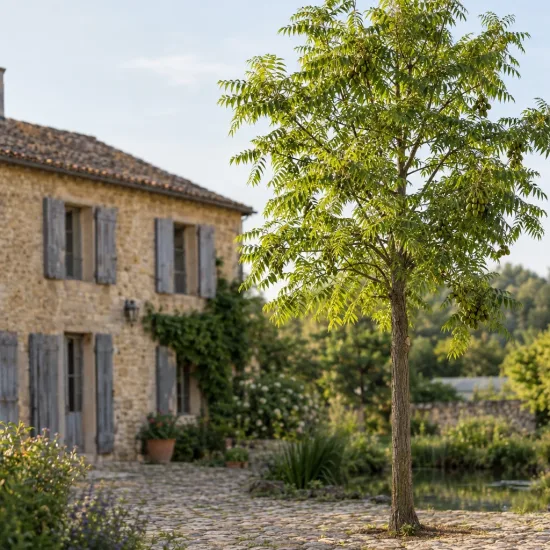 Pacanier aquatique (Carya aquatica) — jeune arbre élancé devant maison en pierre · Photo d'illustration