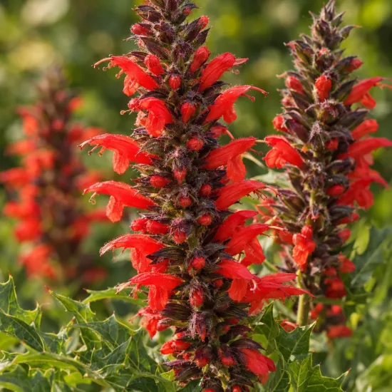 Acanthe d'ethiopie (Acanthus sennii) — épis floraux dressés rouges au-dessus d’un feuillage