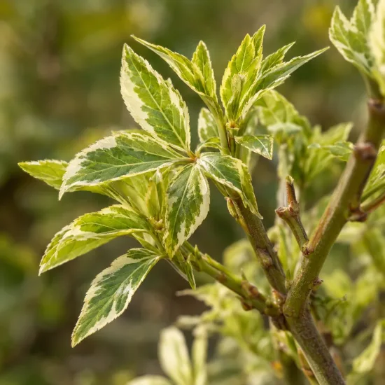 Eleuthérocoque de siebold 'Variegatus' (Eleutherococcus sieboldianus) — jeunes rameaux avec feuillage panaché vert et crème
