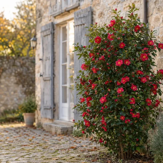 Camélia d'automne 'Hiryu rouge' (Camellia sasanqua) — arbuste fleuri près d'une maison en pierre · Photo d'illustration