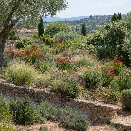 Montbrétia (Crocosmia lucifer) — massif fleuri en terrasse dans un jardin méditerranéen · Photo d'illustration