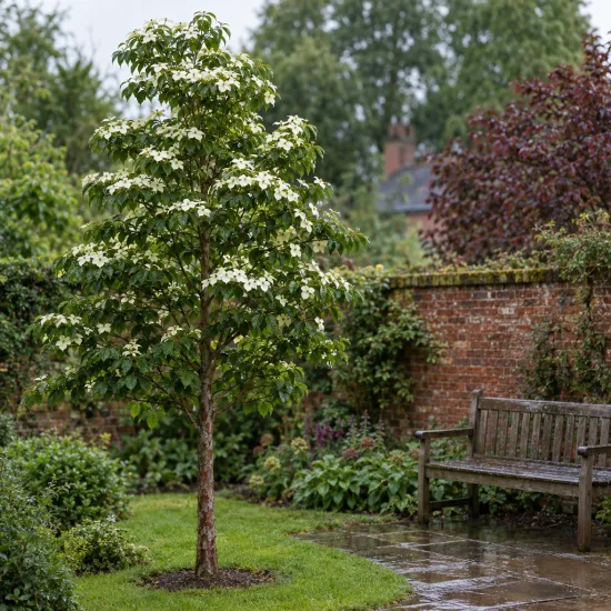 Cornouiller du japon 'Portlemouth' (Cornus nuttallii) — arbre fleuri isolé dans un jardin anglais · Photo d'illustration