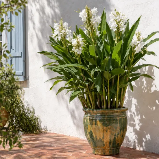 Gingembre ornemental (Hedychium coronarium) — grand plant vigoureux en pot vernissé sur terrasse · Photo d'illustration