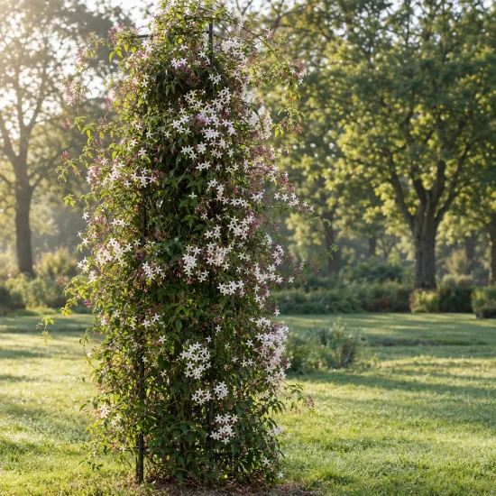 Jasmin blanc 'Night mormin' (Jasminum) — plante grimpante fleurie sur support métallique au jardin · Photo d'illustration