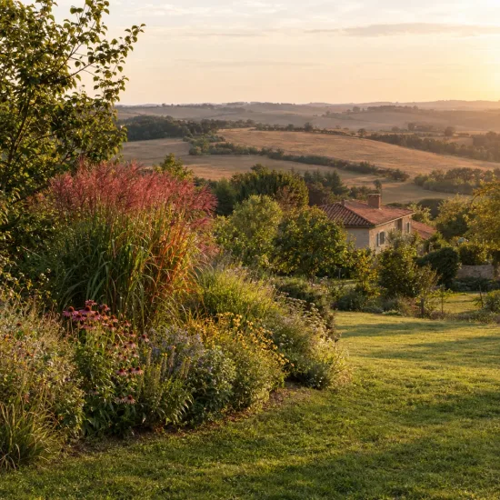 Miscanthus 'Red zenith' (Miscanthus sinensis) — massif d'herbes et vivaces devant paysage vallonné · Photo d'illustration