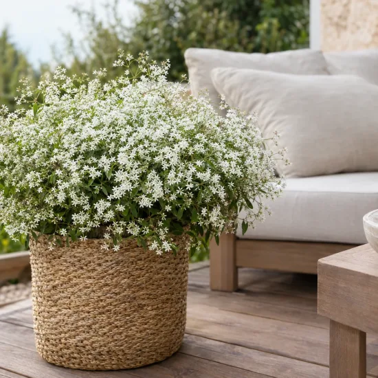 Euphorbe 'Starblast white' (Euphorbia) — plante touffue aux petites fleurs blanches sur terrasse · Photo d'illustration