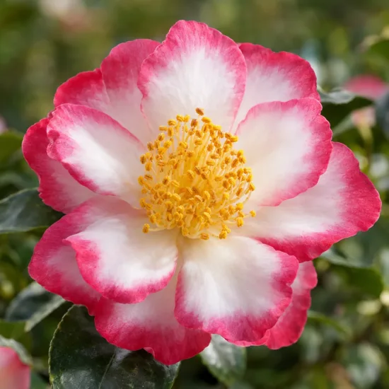 Camélia d'automne 'Versicolor bicolore' (Camellia sasanqua) — fleur bicolore blanche et rose en gros plan