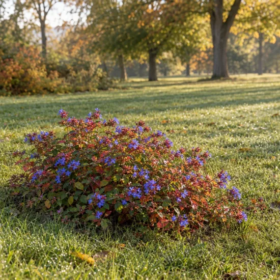 Plumbago de chine 'Plumbaginoides' (Ceratostigma) — touffe basse aux petites fleurs bleues vives · Photo d'illustration