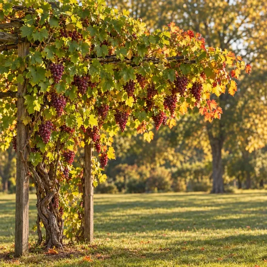 Vigne 'Crimson seedless' (Vitis vinifera) — grands raisins en grappes sous tonnelle au jardin · Photo d'illustration