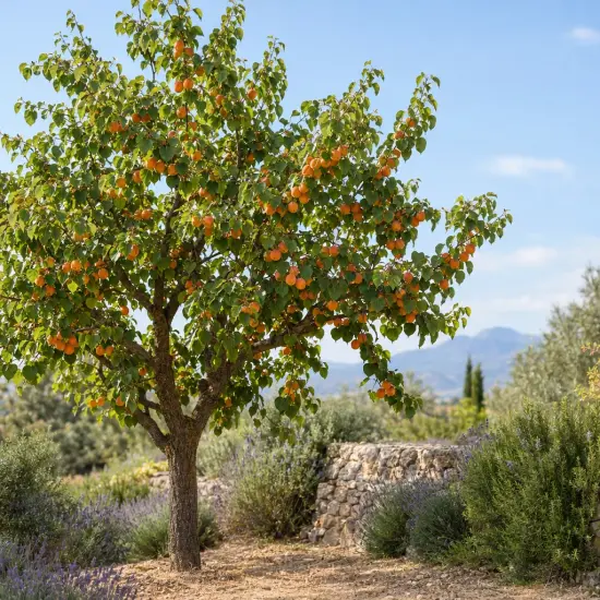 Abricotier 'Hargrand' (Prunus armeniaca) — arbre chargé de fruits orangés au jardin