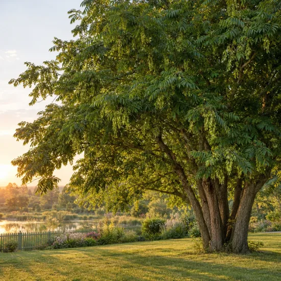 Noyer du caucase (Pterocarya fraxinifolia) — grand arbre au feuillage dense près d'un lac