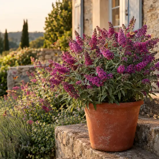 Buddleia 'Butterfly candy little magenta' (Buddleja davidii) — arbuste fleuri rose en pot sur terrasse