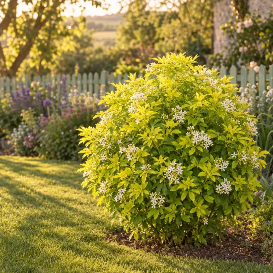 Choisya 'Sundance' (Choisya ternata) — arbuste arrondi fleuri dans un jardin ensoleillé · Photo d'illustration