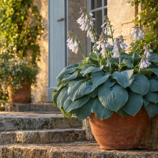 Hosta 'Elegans' (Hosta sieboldiana) — plante feuillue en pot sur marches en pierre · Photo d'illustration