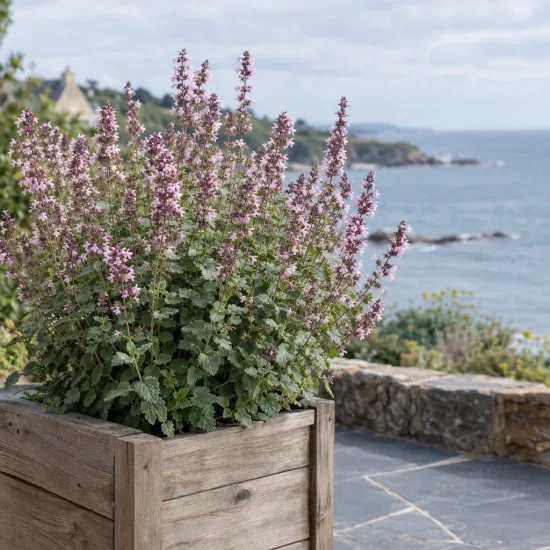 Menthe aux chats 'Dawn to dusk' (Nepeta grandiflora) — touffe florale en bac bois sur terrasse côtière · Photo d'illustration