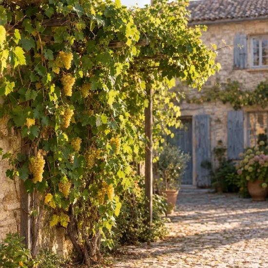 Cépage de table blanc 'Noah' (Vitis vinifera) — vigne grimpante chargée de grappes jaunes sur façade · Photo d'illustration
