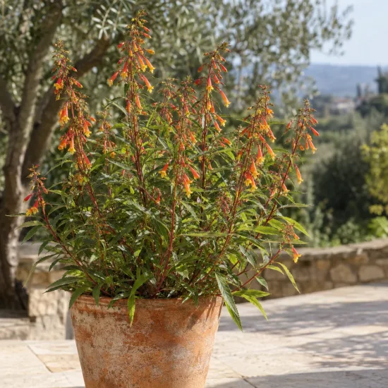 Lobélie (Lobelia laxiflora) — plante fleurie en pot sur terrasse ensoleillée · Photo d'illustration