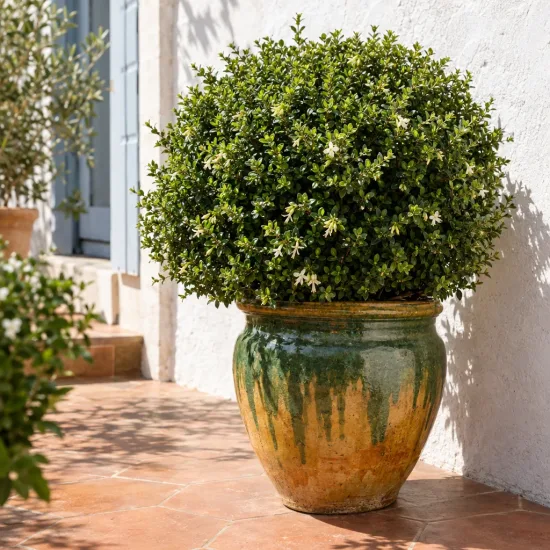 Chèvrefeuille boule à feuilles de buis 'Panmin' (Lonicera nitida) — arbuste boule dense en grand pot vernissé · Photo d'illustration