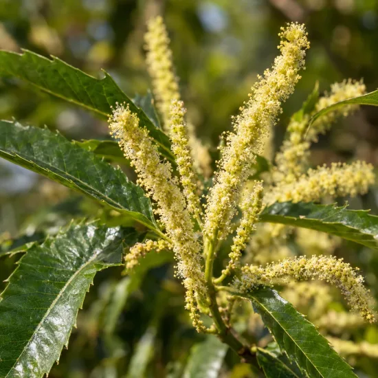 Châtaignier 'Camberoune' (Castanea sativa) — longs chatons floraux crème parmi des feuilles dentées · Photo d'illustration