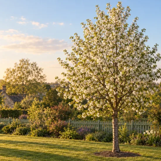 Merisier des oiseaux (Prunus avium) — arbre en fleurs isolé au milieu d’un jardin · Photo d'illustration