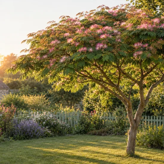 Arbre à soie à fleurs rose 'Controis-en-sologne' (Albizia) — arbre à houppettes roses dans un jardin · Photo d'illustration