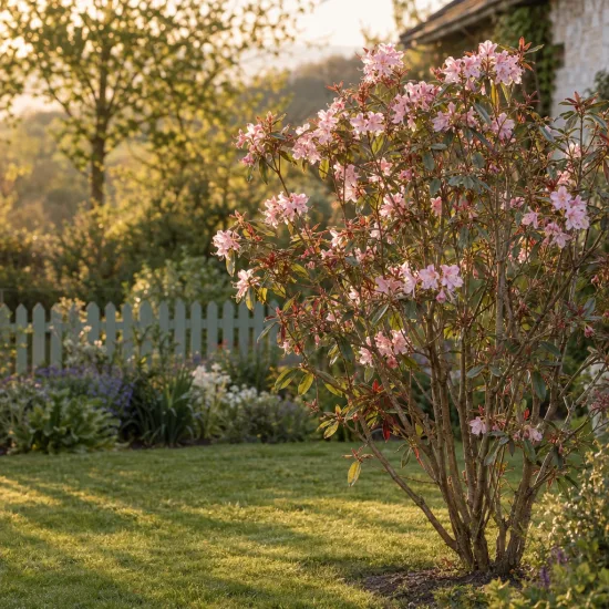 Azalée de chine 'Canescens' (Azalea mollis) — arbuste fleuri au jardin devant une clôture · Photo d'illustration