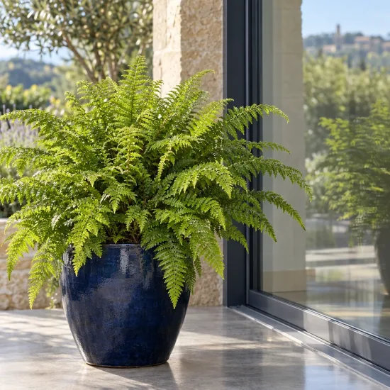 Polystic (Polystichum polyblepharum) — fougère verte en pot bleu vernissé sur terrasse · Photo d'illustration
