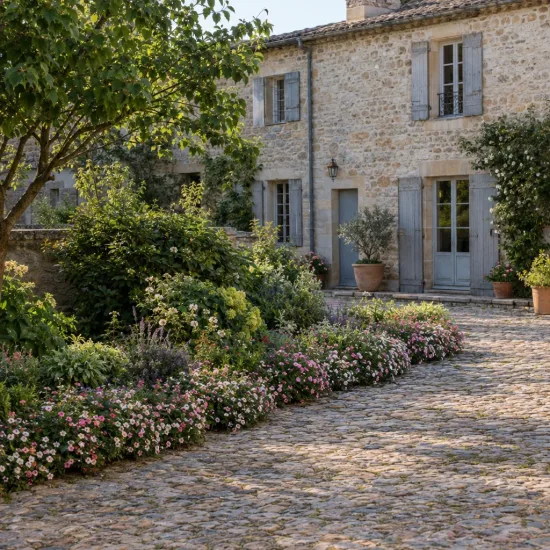 Rosier paysager rose et blanc hortis (Decorosier hortis) — massif fleuri bordant une cour pavée devant maison · Photo d'illustration