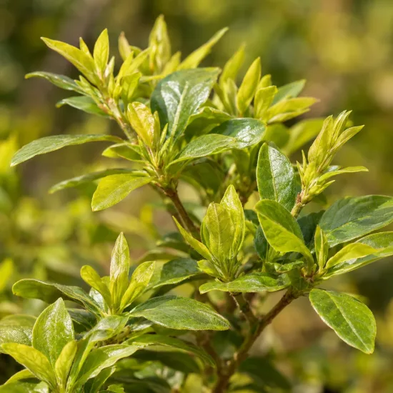 Azalée de chine 'Anneke' (Azalea mollis) — jeunes pousses vertes sur rameaux denses · Photo d'illustration