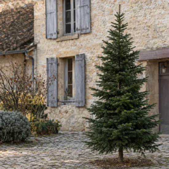 Sapin de bornmuller (Abies bornmulleriana) — conifère isolé sur cour pavée devant maison · Photo d'illustration