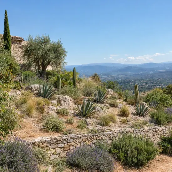 Agave (Agave kerchovei) — massif sec méditerranéen en restanques pierreuses