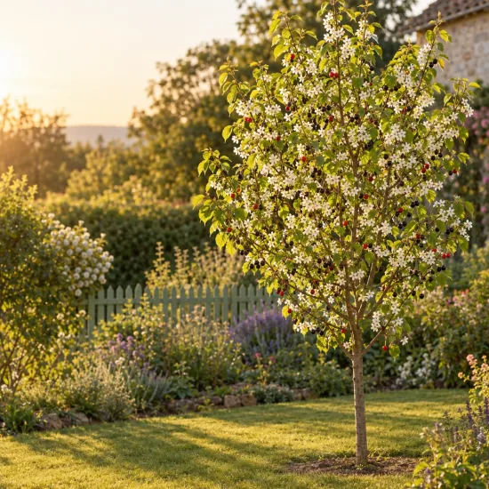 Bois de sainte lucie 'Mahaleb' (Prunus) — petit arbre couvert de fleurs blanches printanières · Photo d'illustration