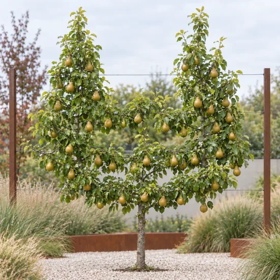 Poirier 'Delbard exquise' (Pyrus communis) — jeune arbre palissé portant de nombreux fruits · Photo d'illustration