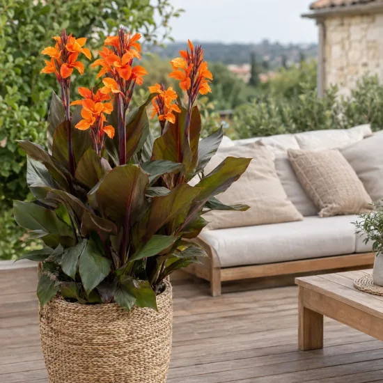 Balisier 'Bronze orange' (Canna cannova) — plante tropicale en pot tressé sur terrasse