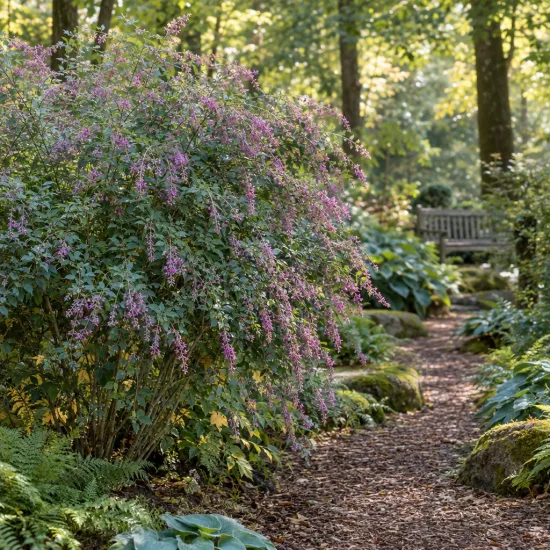 Trèfle-buisson de thunberg 'Desmodium pendulif' (Lespedeza thunbergii) — grand arbuste fleuri en bordure d’allée forestière