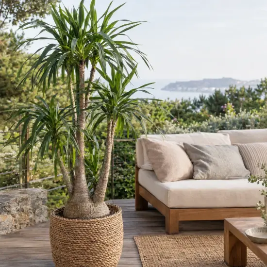 Yucca pied d'éléphant (Yucca elephantipes) — grand plant graphique sur terrasse en bois