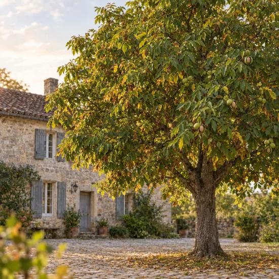 Noyer 'Ruby' (Juglans regia) — grand arbre fruitier devant maison en pierre · Photo d'illustration