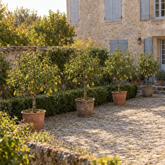 Poirier 'Belle hélène' (Pyrus communis) — petits arbres fruitiers en pot sur cour pavée · Photo d'illustration