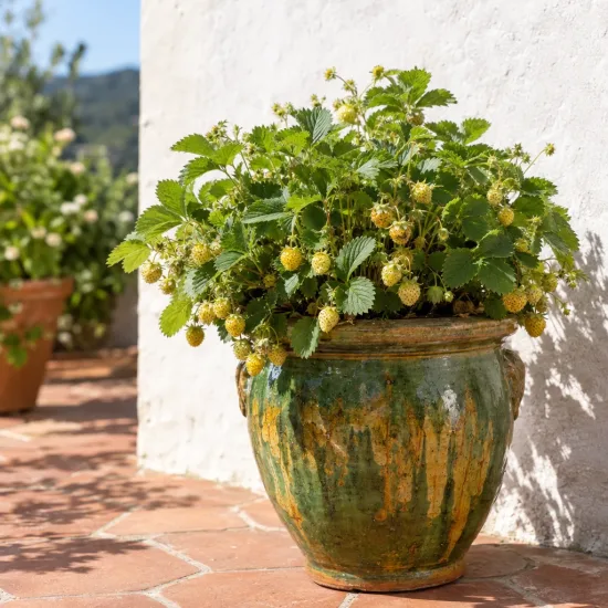 Fraisier des alpes jaune 'Alpine yellow' (Fragaria vesca) — plant de fraise en pot, fruits jaunes nombreux · Photo d'illustration