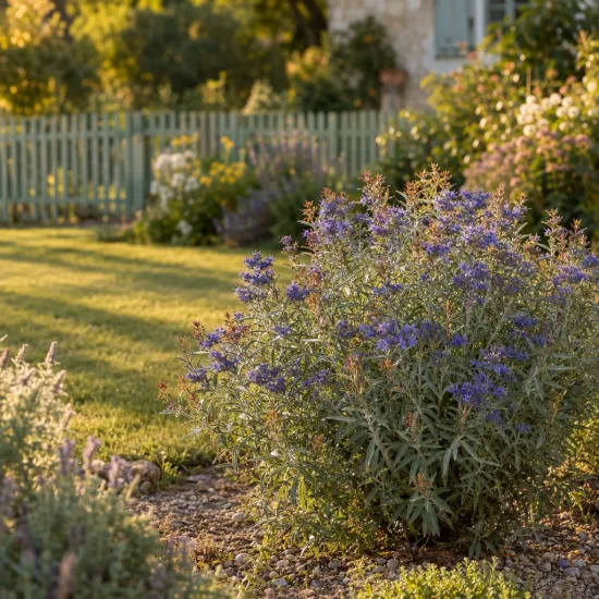Caryopteris mongholica — arbuste fleuri au premier plan d'un jardin