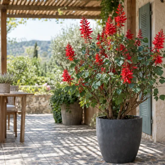 Corail 'Fire breizh' (Erythrina compacta) — arbuste fleuri rouge en pot sur terrasse · Photo d'illustration
