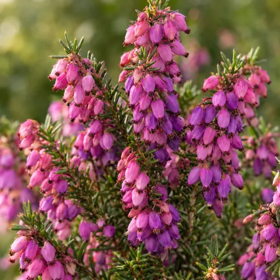 Bruyère 'Spring surprise' (Erica) — grappes serrées de petites clochettes roses et mauves · Photo d'illustration